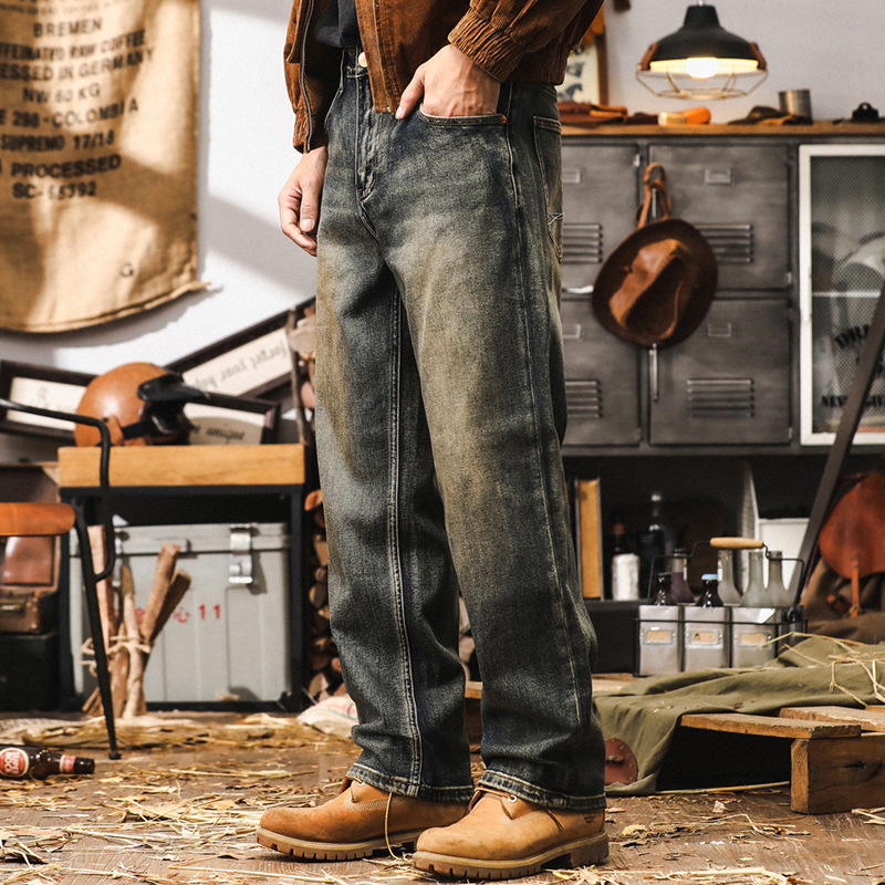 美式經典重磅牛仔褲男秋季wear2024新款復古加厚棕色水洗直筒休閒長褲