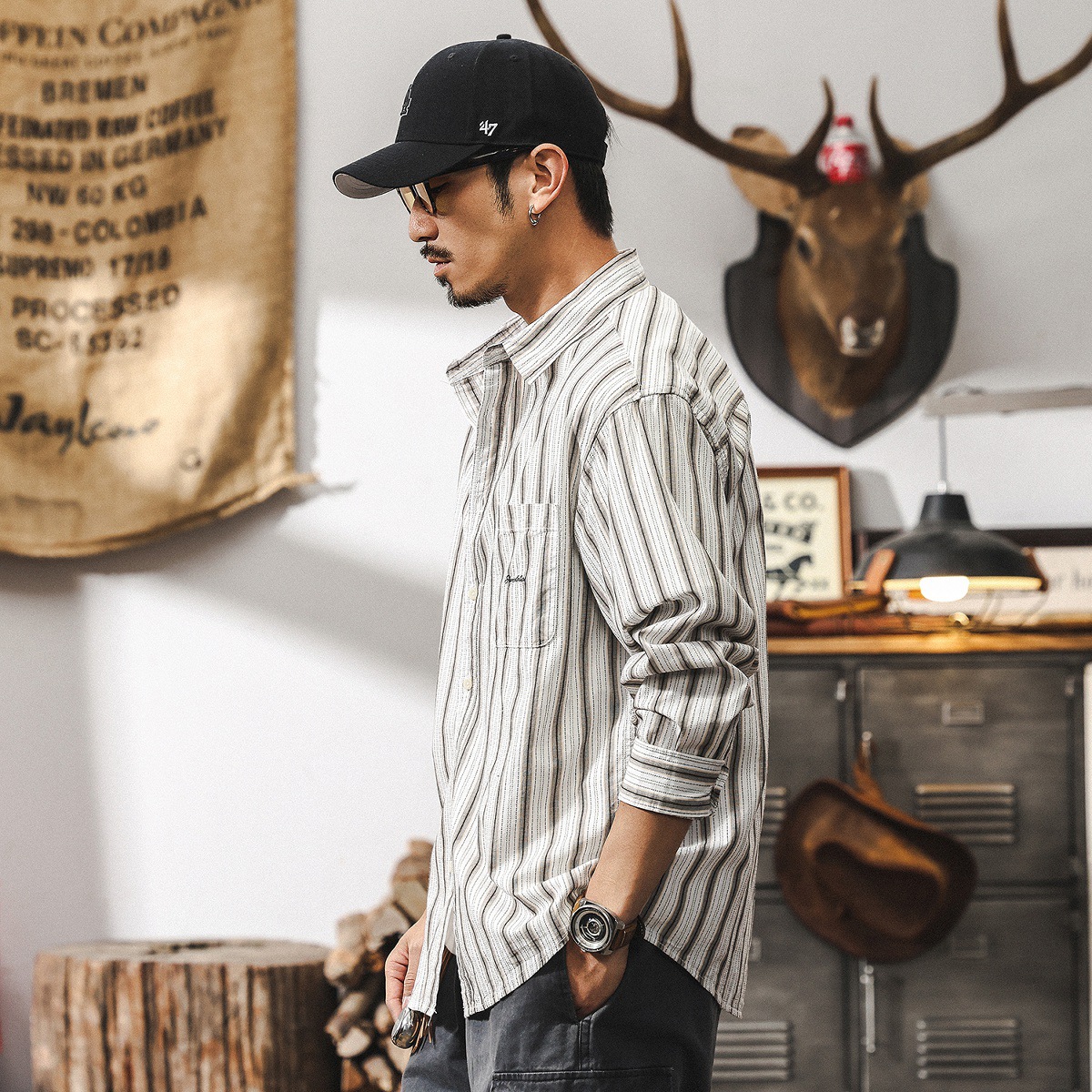 美式復古條紋襯衫男長袖春秋新款鬆弛感寬鬆休閒襯衣男士秋季外套