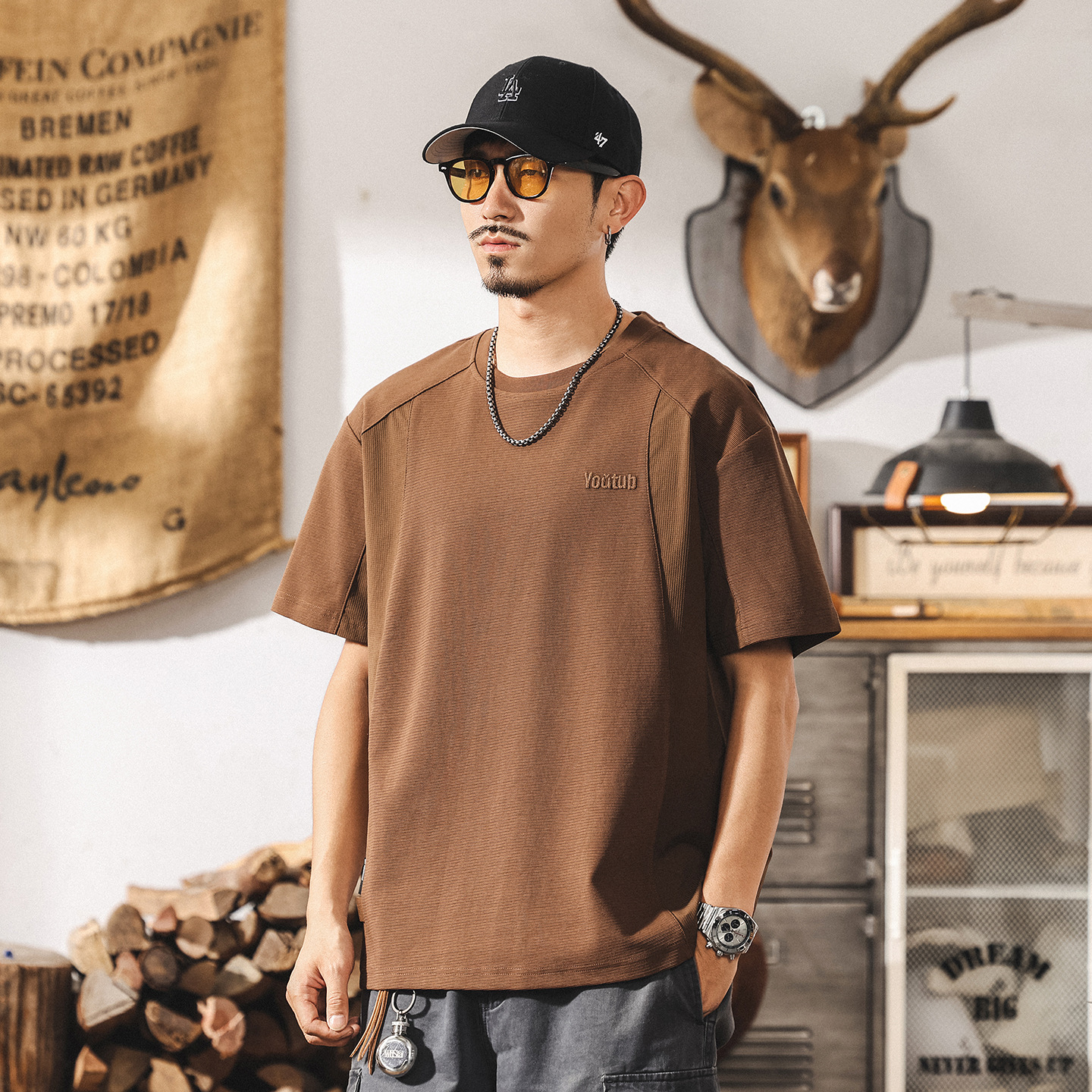 美式復古重磅T恤男夏季新款男士短袖2025寬鬆潮牌拼接半袖上衣男T