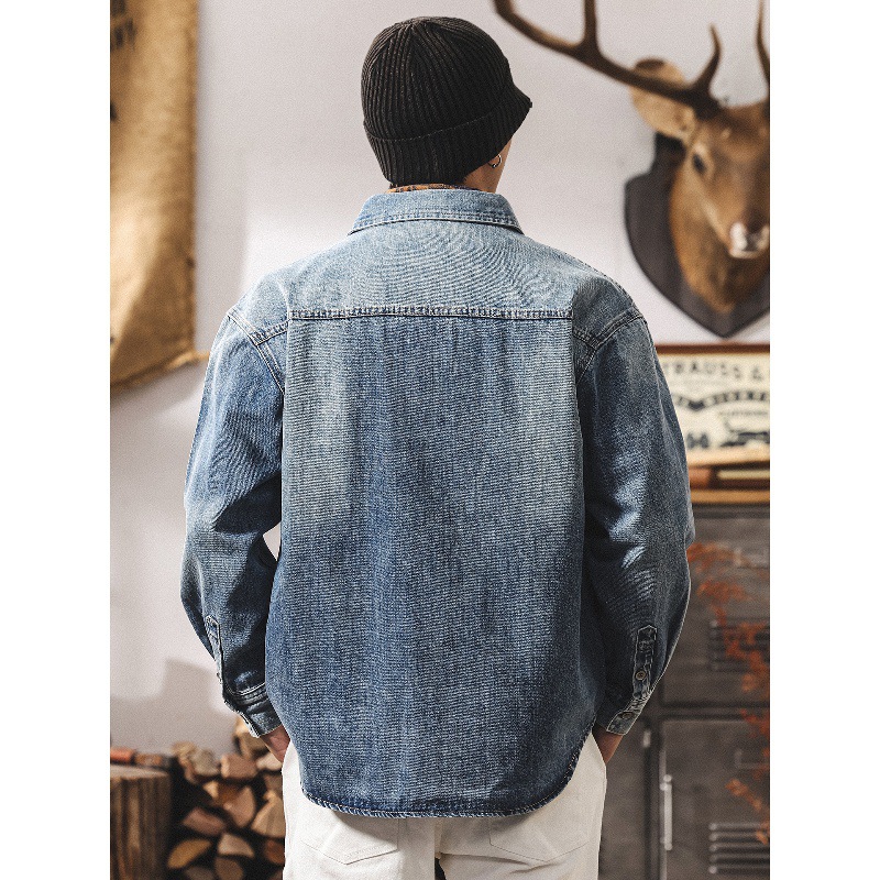 美式復古石磨水洗牛仔外套男春秋款寬鬆潮牌長袖襯衫男士秋季夾克