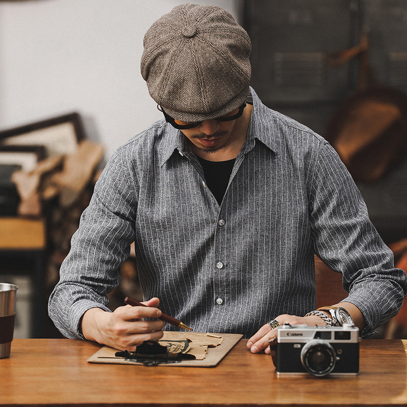 2024新款春季簡約條紋休閒襯衫男士百搭美式經典復古長袖襯衣外套