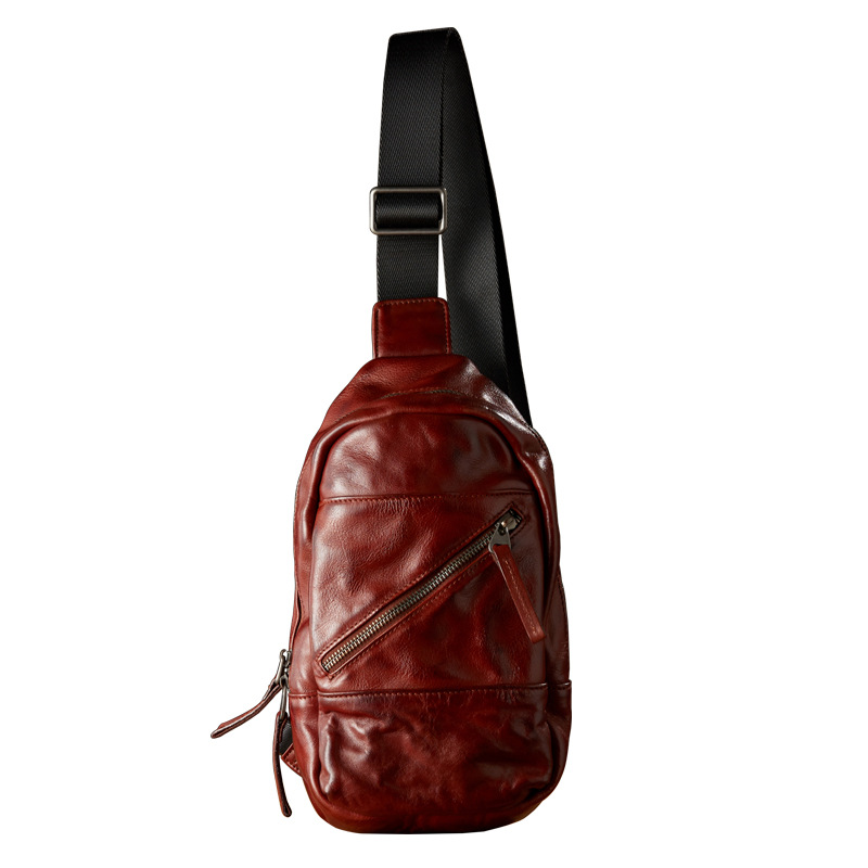 手工植鞣牛皮胸包男士戶外休閒單肩斜挎包個性百搭多功能真皮男包
