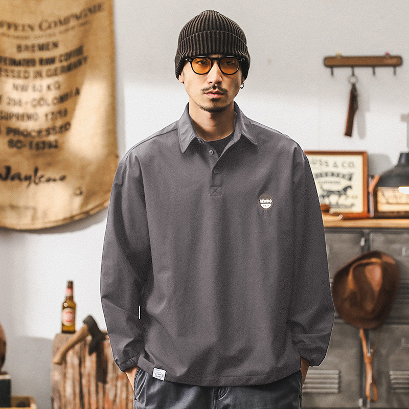 【四面彈力】美式山系復古POLO領襯衫男長袖寬鬆秋季戶外休閒襯衣