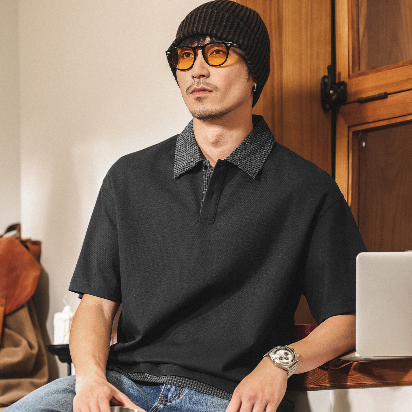 美式復古假兩件拼接短袖Polo衫男款春季潮牌襯衫領寬鬆半袖T恤男