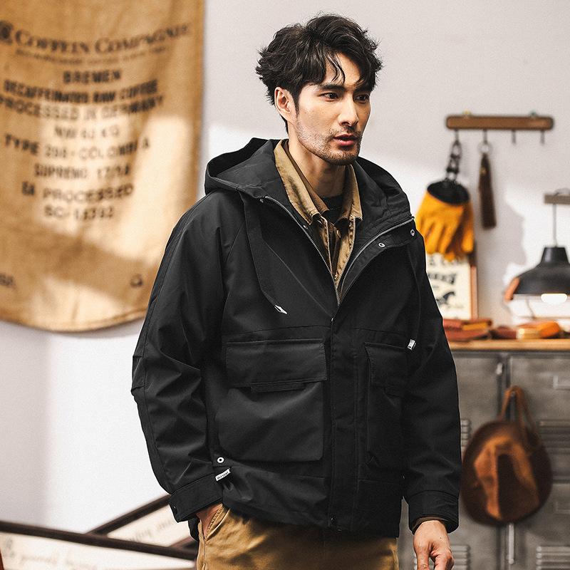 美式工裝外套男春秋2024新款連帽衝鋒衣山系戶外硬漢獵裝教練夾克