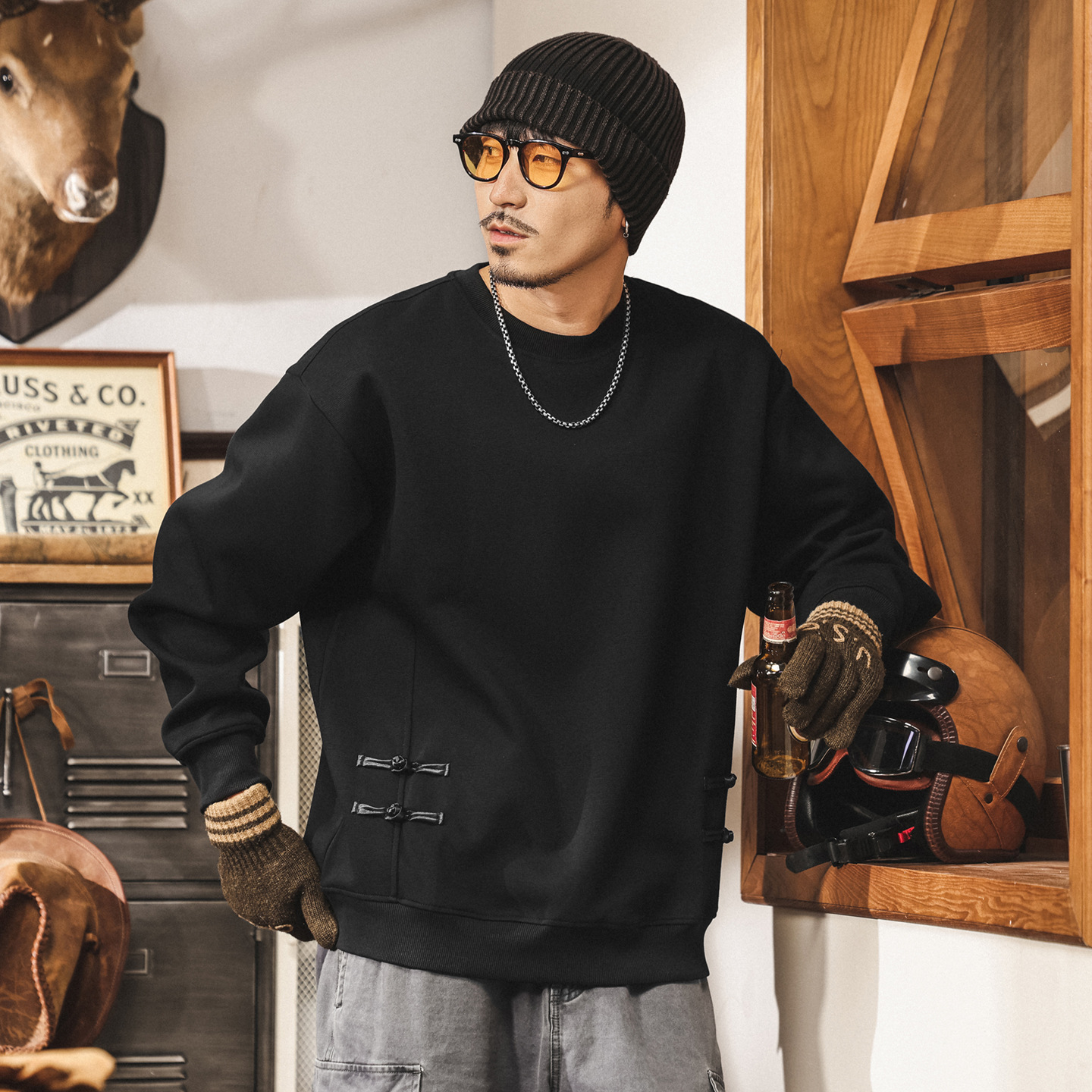 新中式復古盤扣黑色重磅衛衣男春秋2025新款潮牌寬鬆休閒男士上衣