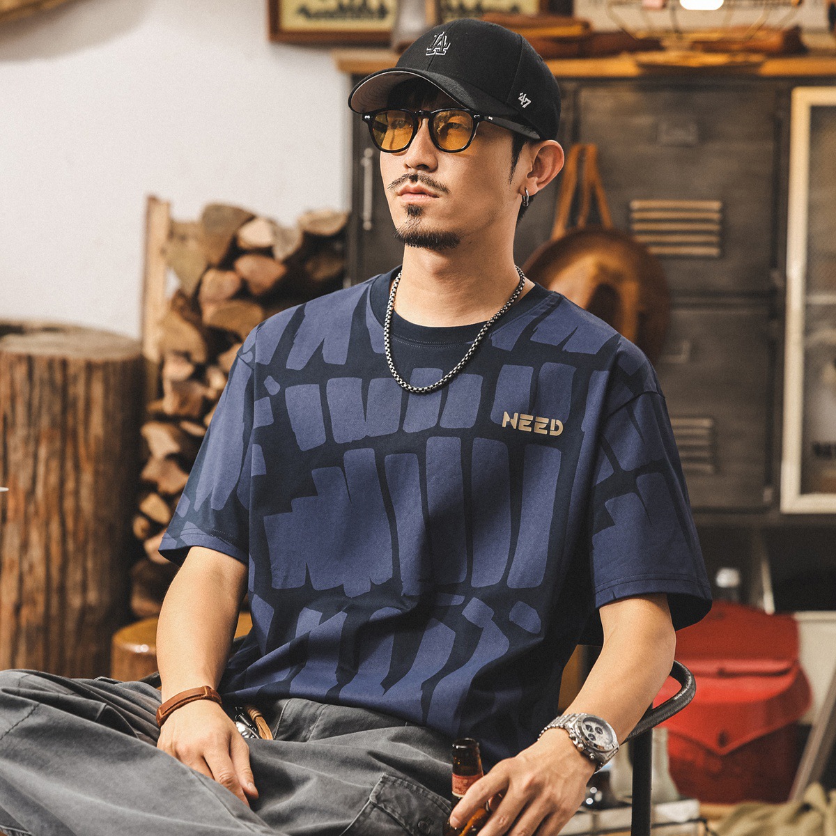 美式潮流短袖t恤男夏季2025新款寬鬆潮牌滿印半袖體恤男士上衣潮T