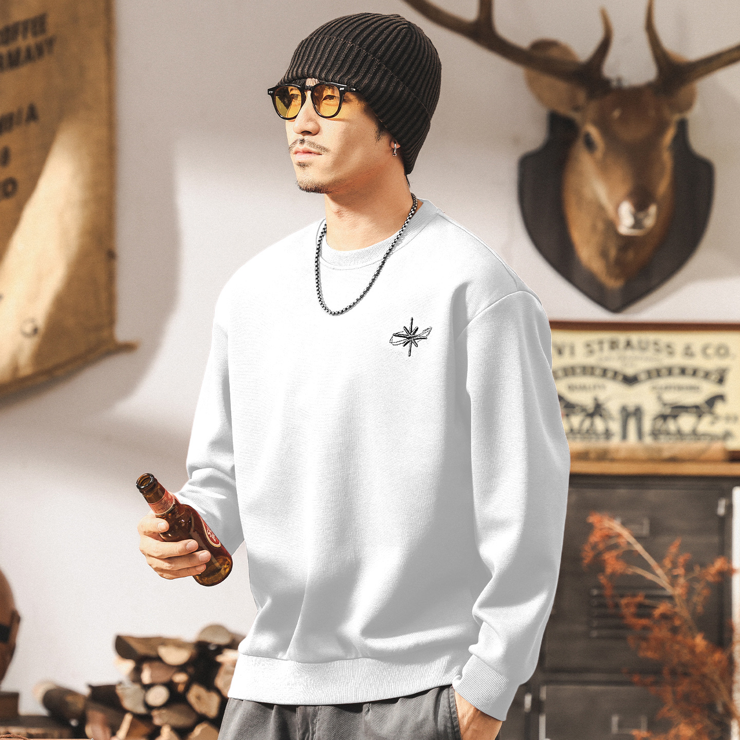 美式復古重磅衛衣男春秋2025新款刺繡潮牌長袖t恤男寬鬆大碼上衣T