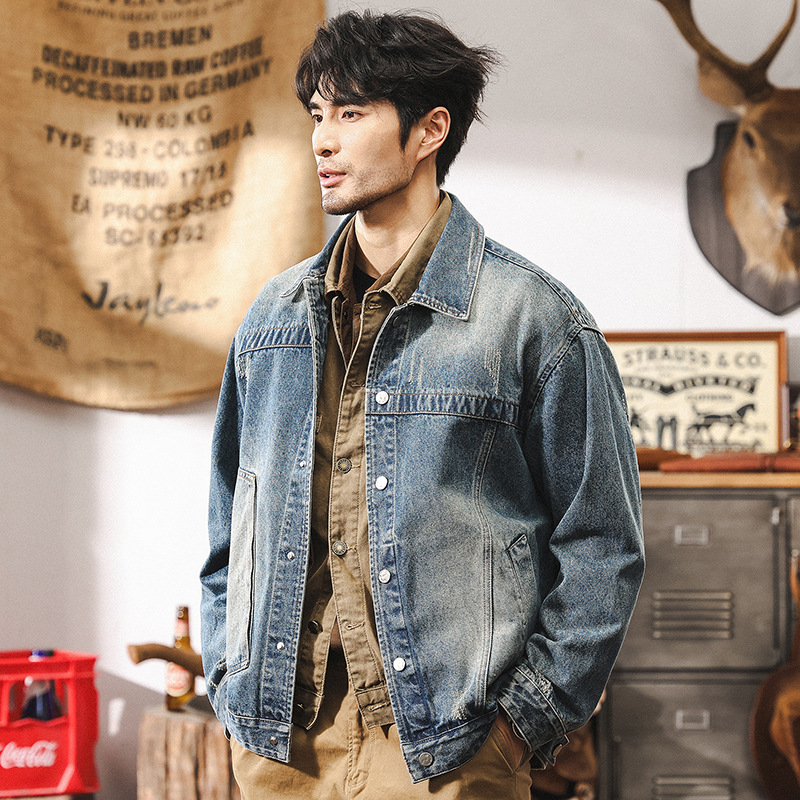 美式經典復古重磅牛仔外套男秋冬款潮牌硬漢痞帥做舊水洗休閒夾克