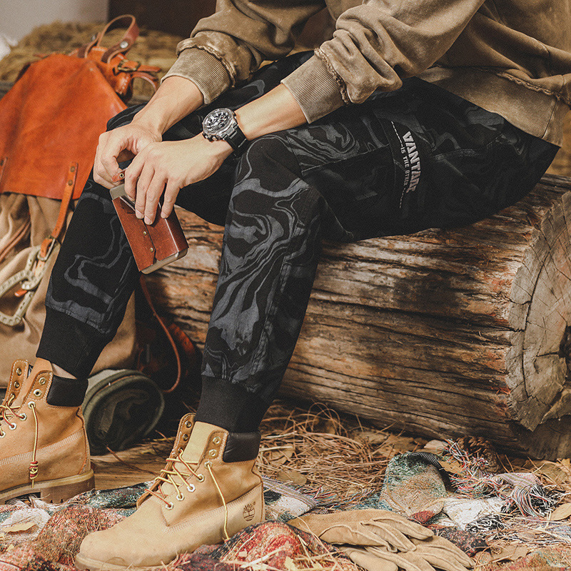 美式迷彩工裝褲子男冬季加厚寬鬆大碼男士休閒褲加絨闊腿束腳褲男