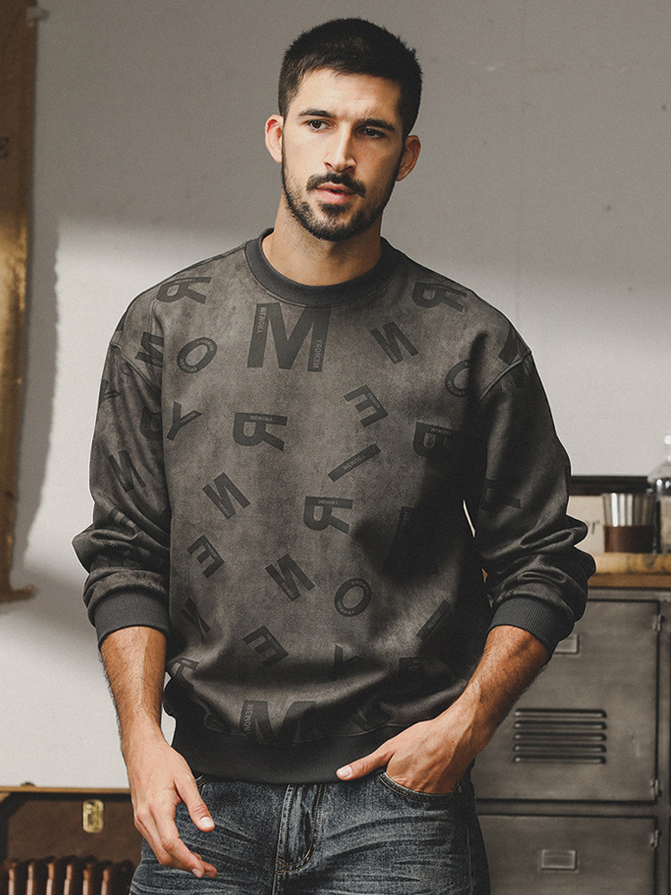 杰雷諾美式復古重磅麂皮絨衛衣男2023年秋季新款寬鬆厚款印花體恤