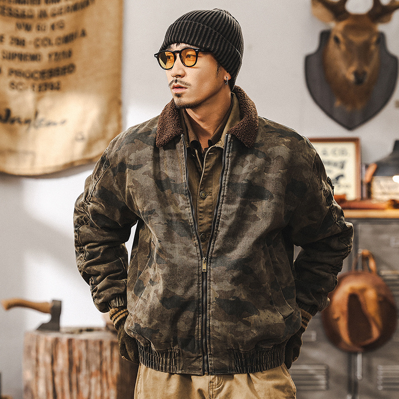 美式復古重磅羊羔絨外套男冬季加厚棉衣棉襖戶外迷彩工裝夾克棉服