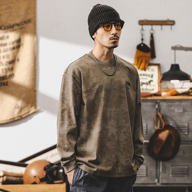 美式復古270g重磅長袖T恤男秋季潮牌雲染洗褪設計感男款寬鬆上衣