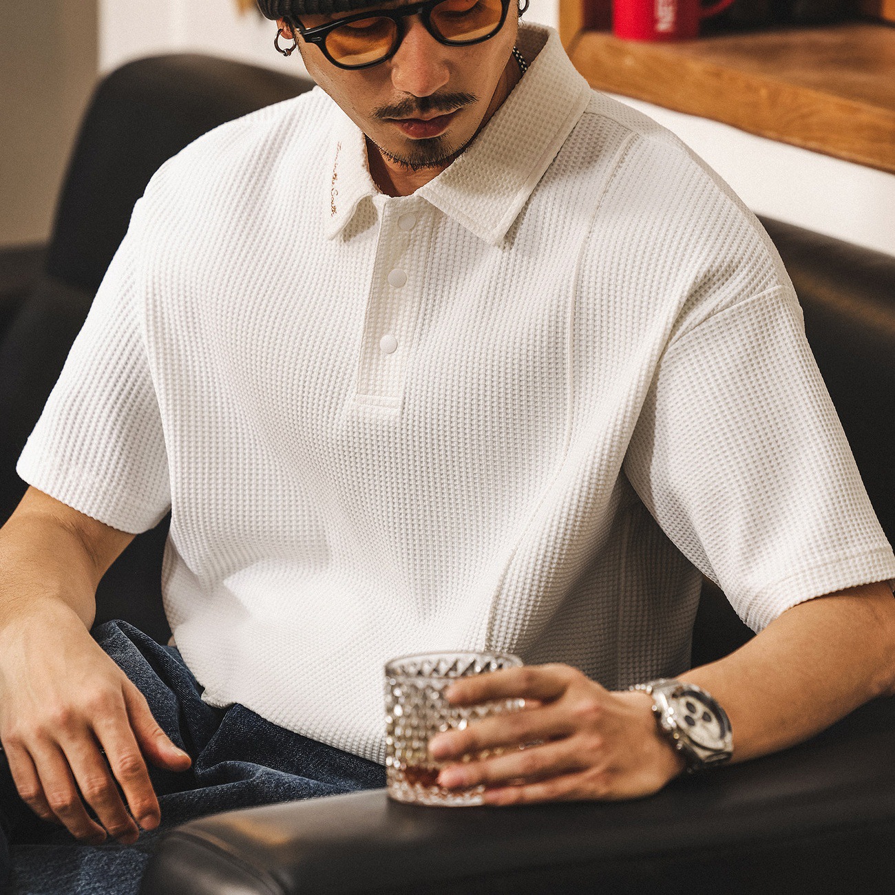 美式復古華夫格Polo衫短袖男夏季2026新款潮牌寬鬆休閒翻領T恤男