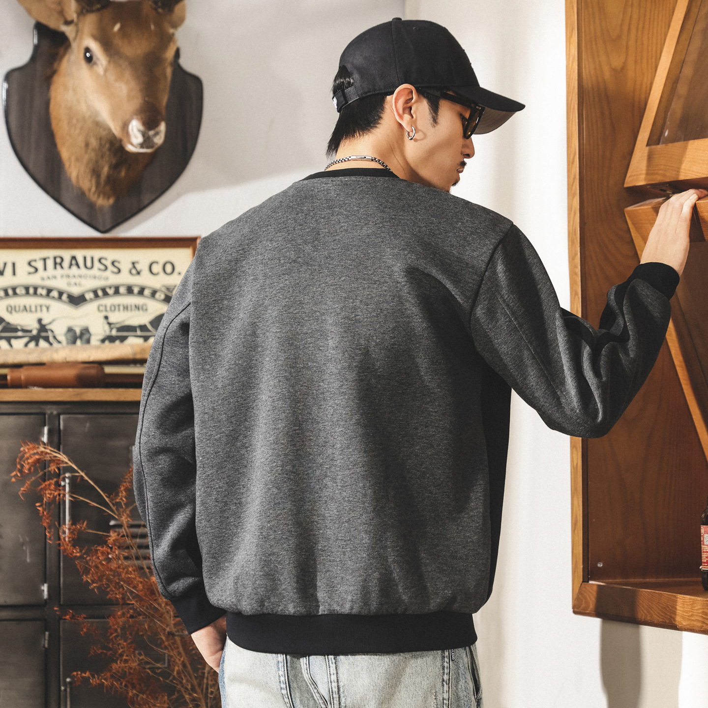 美式復古圓領撞色重磅衛衣男春秋款潮牌設計感拼接寬鬆秋季上衣男