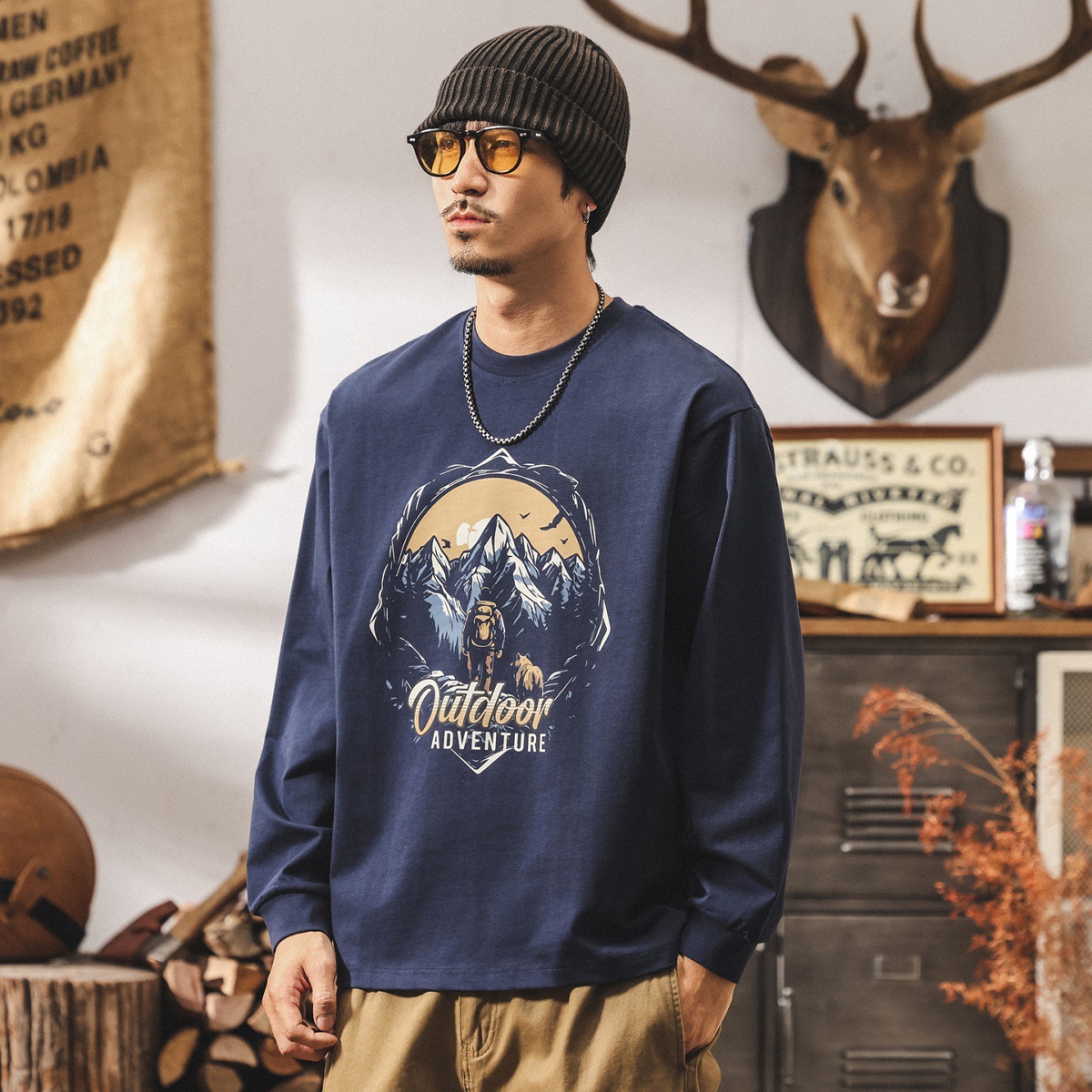 美式復古300g重磅長袖t恤男秋季潮牌山系男裝寬鬆大碼休閒上衣男T