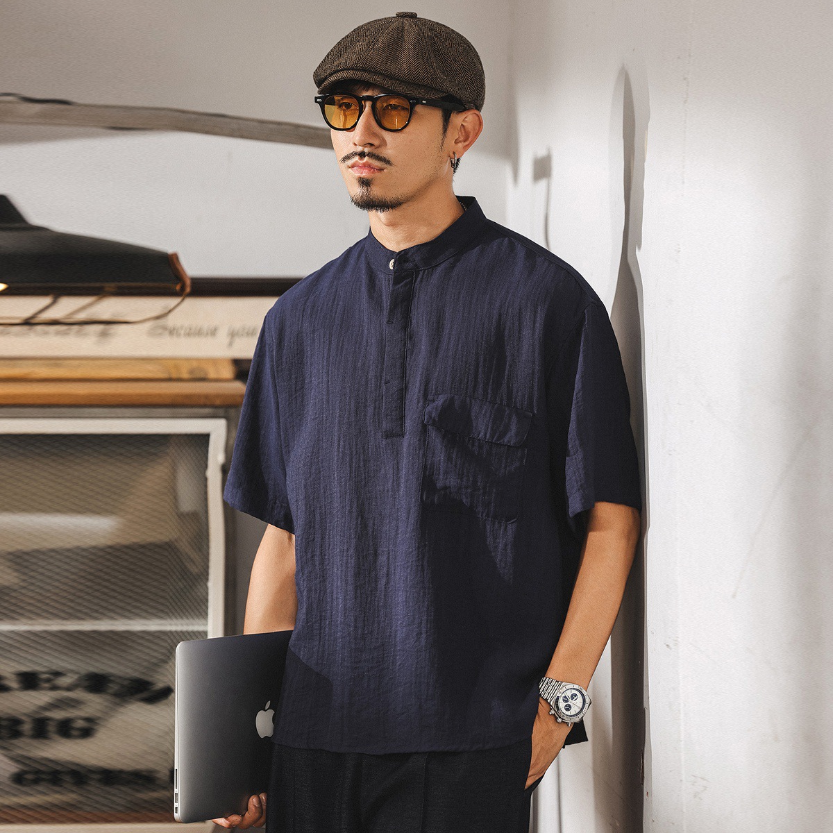 夏季新款國潮古風亞麻短袖T恤男士2025寬鬆中式復古亨利領Polo衫