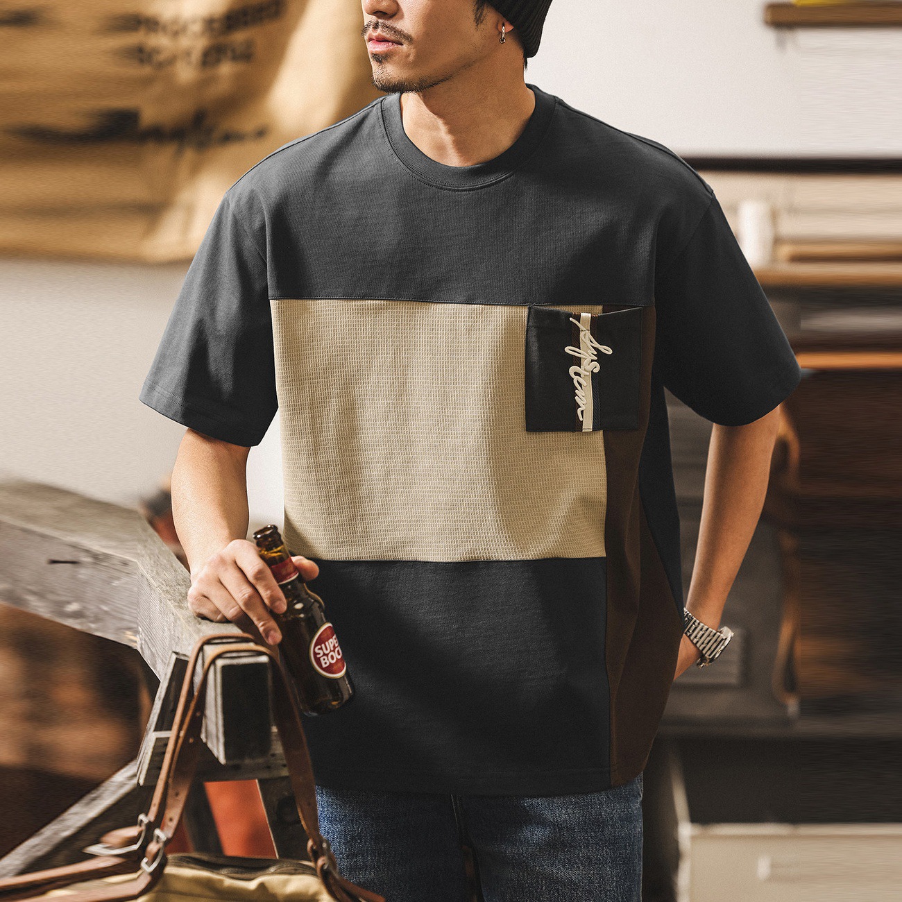 美式復古300g重磅T恤男士短袖2026新款夏季潮流撞色拼接寬鬆上衣