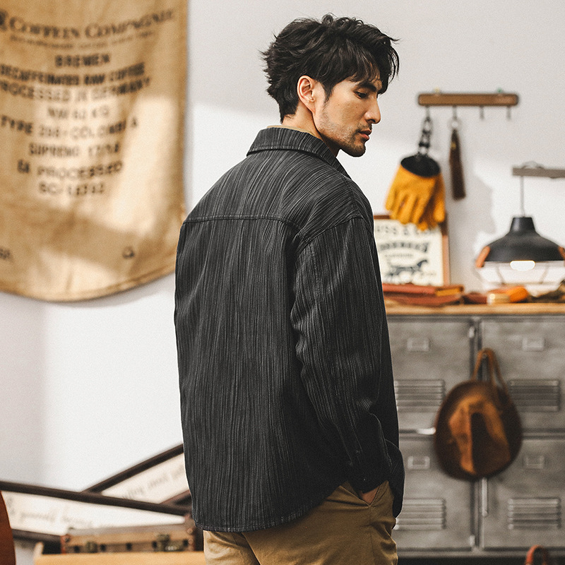 美式複古竹節紋襯衫男長袖高級感潮牌寬松休閑襯衣外套男款春秋季