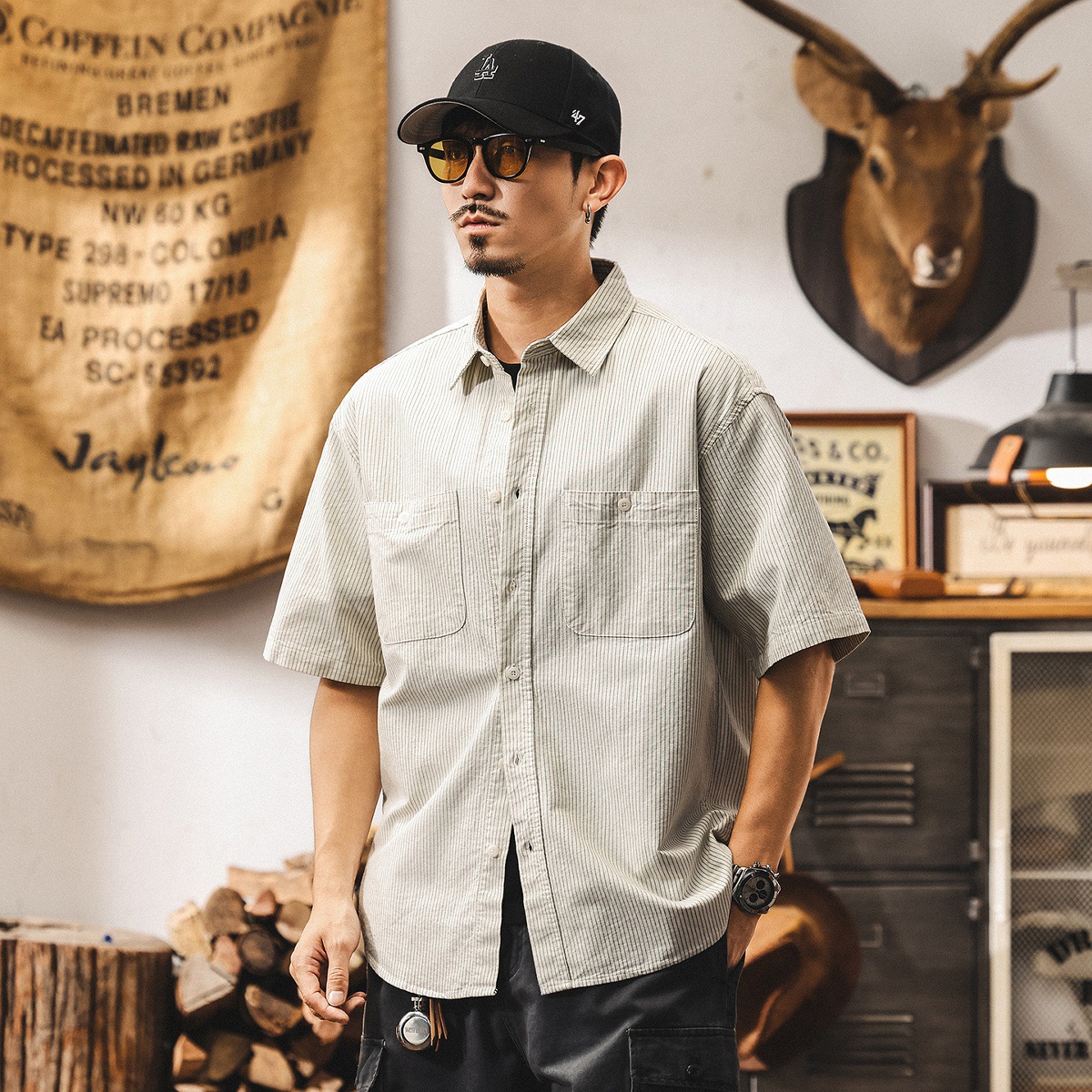 美式復古工裝襯衫男士短袖2025夏季新款寬鬆大碼休閒條紋襯衣外套