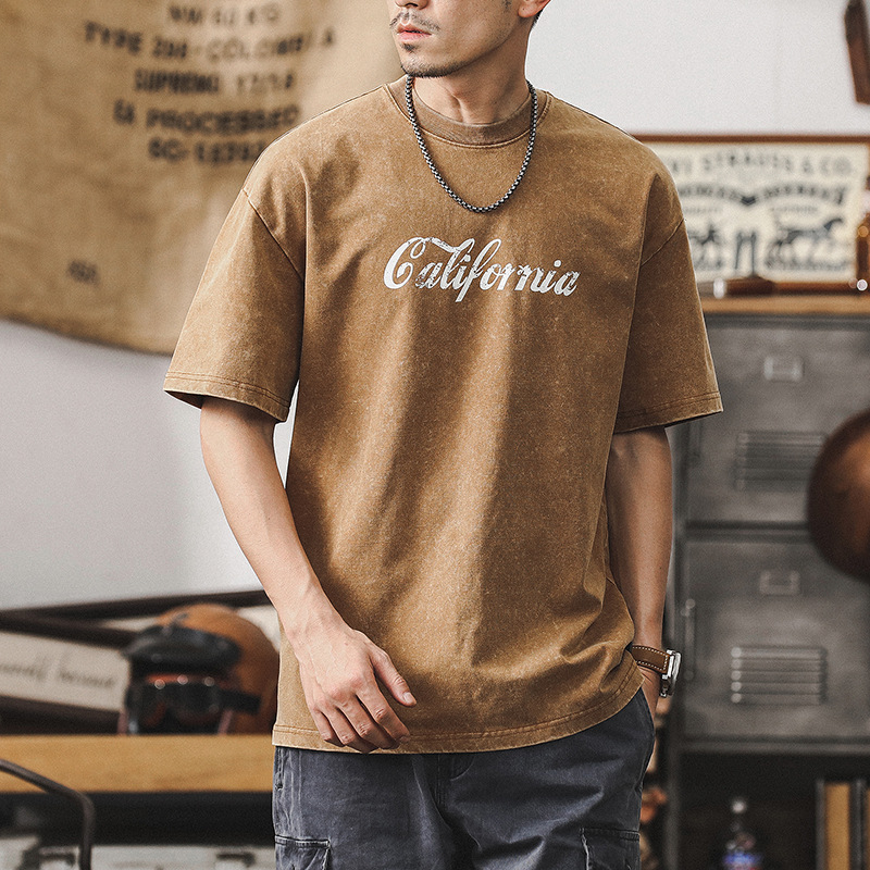 杰雷諾復古雪花水洗短袖T恤男夏季美式重磅硬挺體恤寬鬆上衣潮T男