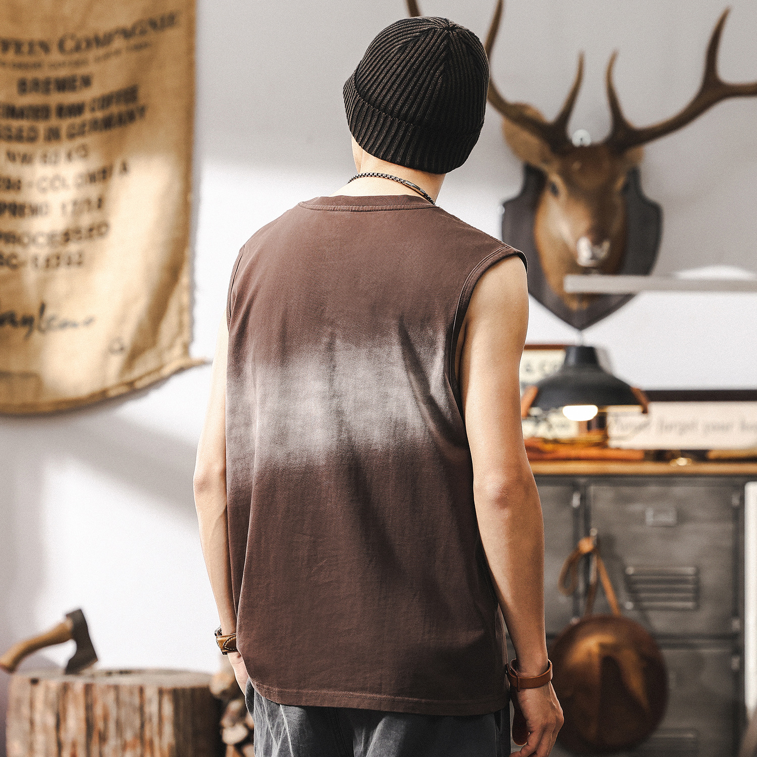 美式復古寬鬆運動健身背心男士夏季2025新款潮流漸變水洗無袖T恤