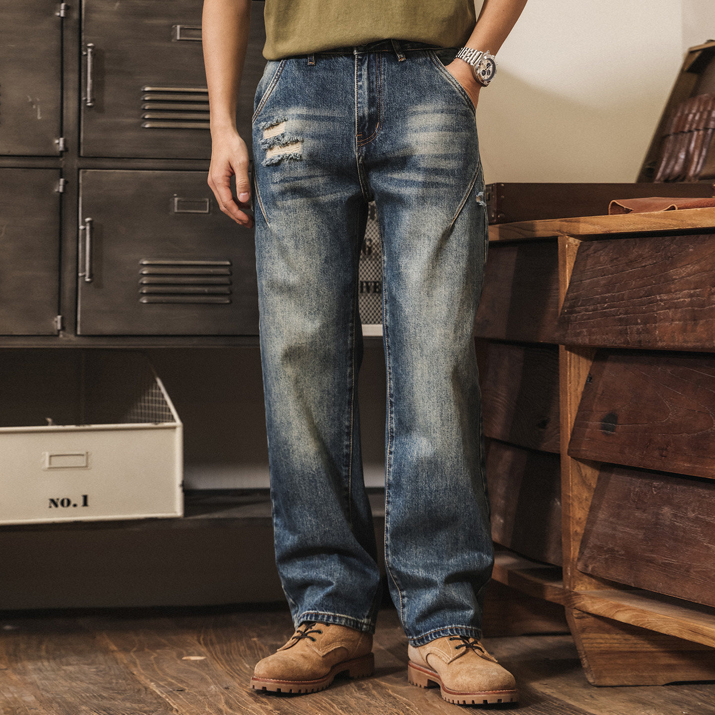 美式復古破洞牛仔褲男款直筒春季2026新款潮牌重磅寬鬆男士休閒褲