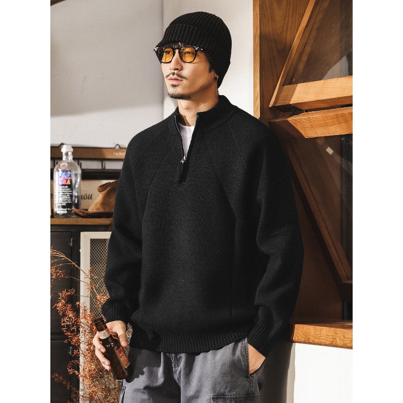 美式復古7針重磅半拉鍊毛衣男秋冬寬鬆慵懶風半高領針織衫外套男