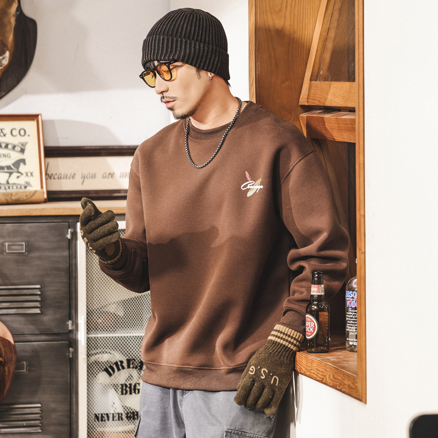 美式復古420g重磅衛衣男春秋新款圓領長袖寬鬆休閒潮流印花上衣男