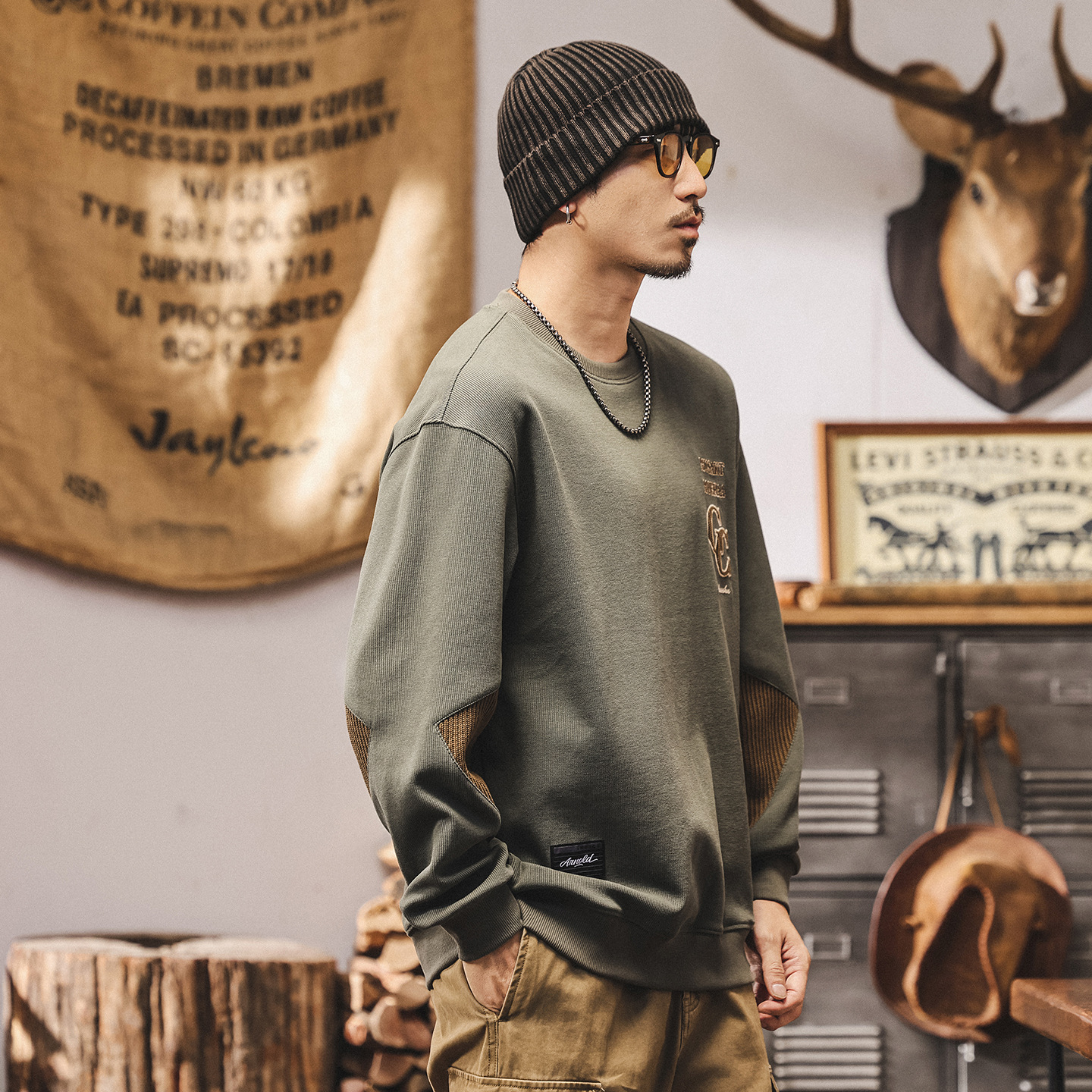 美式復古重磅衛衣男春秋新款潮牌寬鬆休閒上衣秋季圓領長袖t恤男