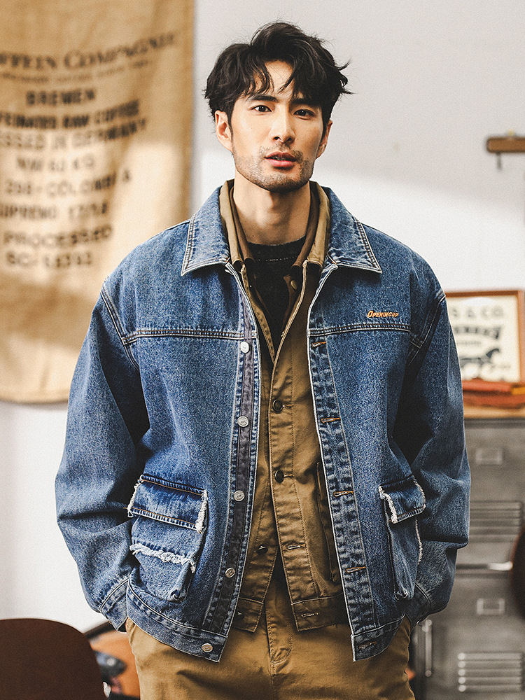 美式重磅經典復古丹寧牛仔外套男春秋寬鬆硬挺獵裝工裝夾克男秋季