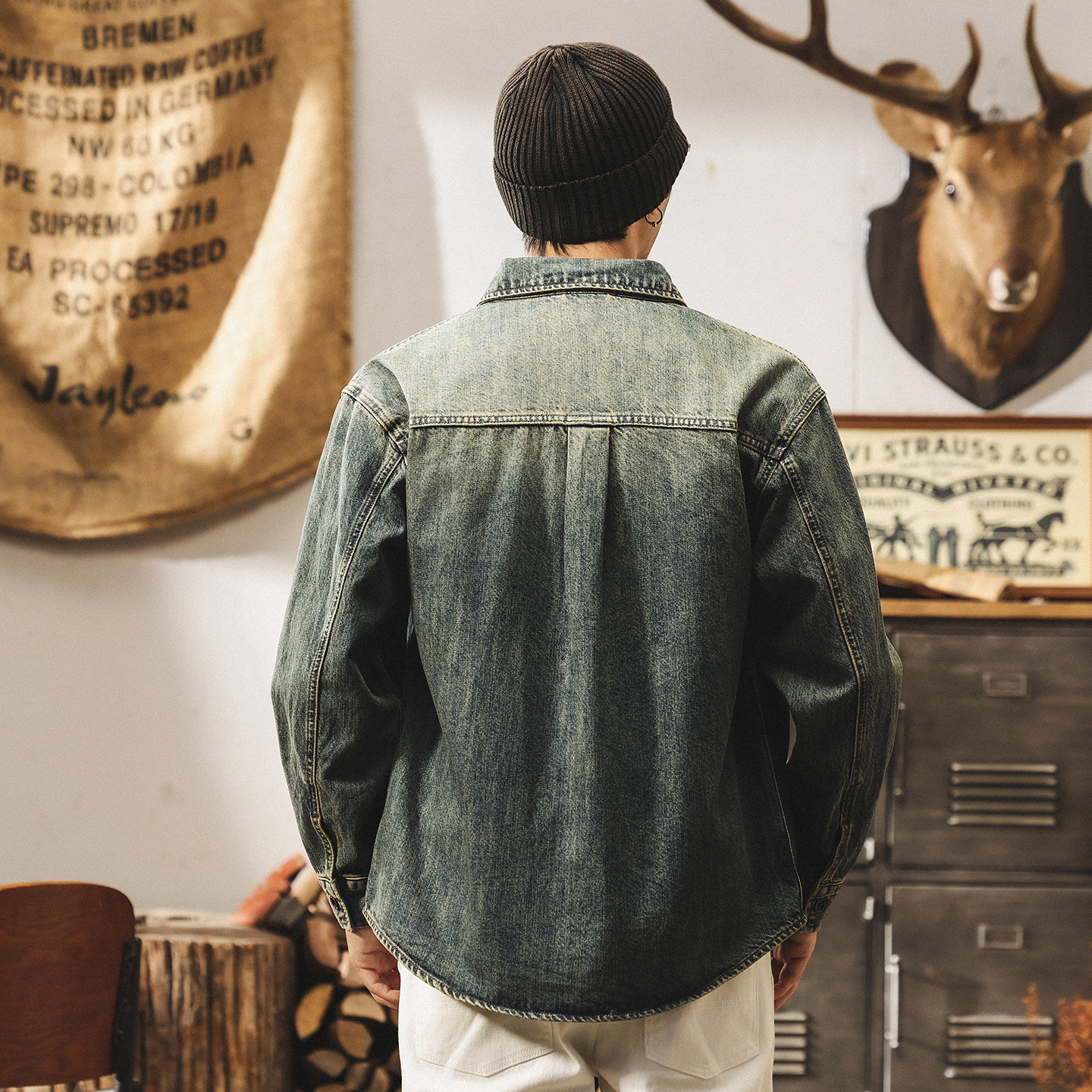 美式懷舊復古水洗牛仔襯衫男秋季新款潮流長袖襯衣男春秋寬鬆外套