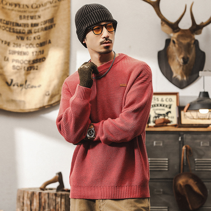 美式復古550g重磅珊瑚紅毛衣男冬季潮牌寬鬆簡約百搭針織衫秋冬款