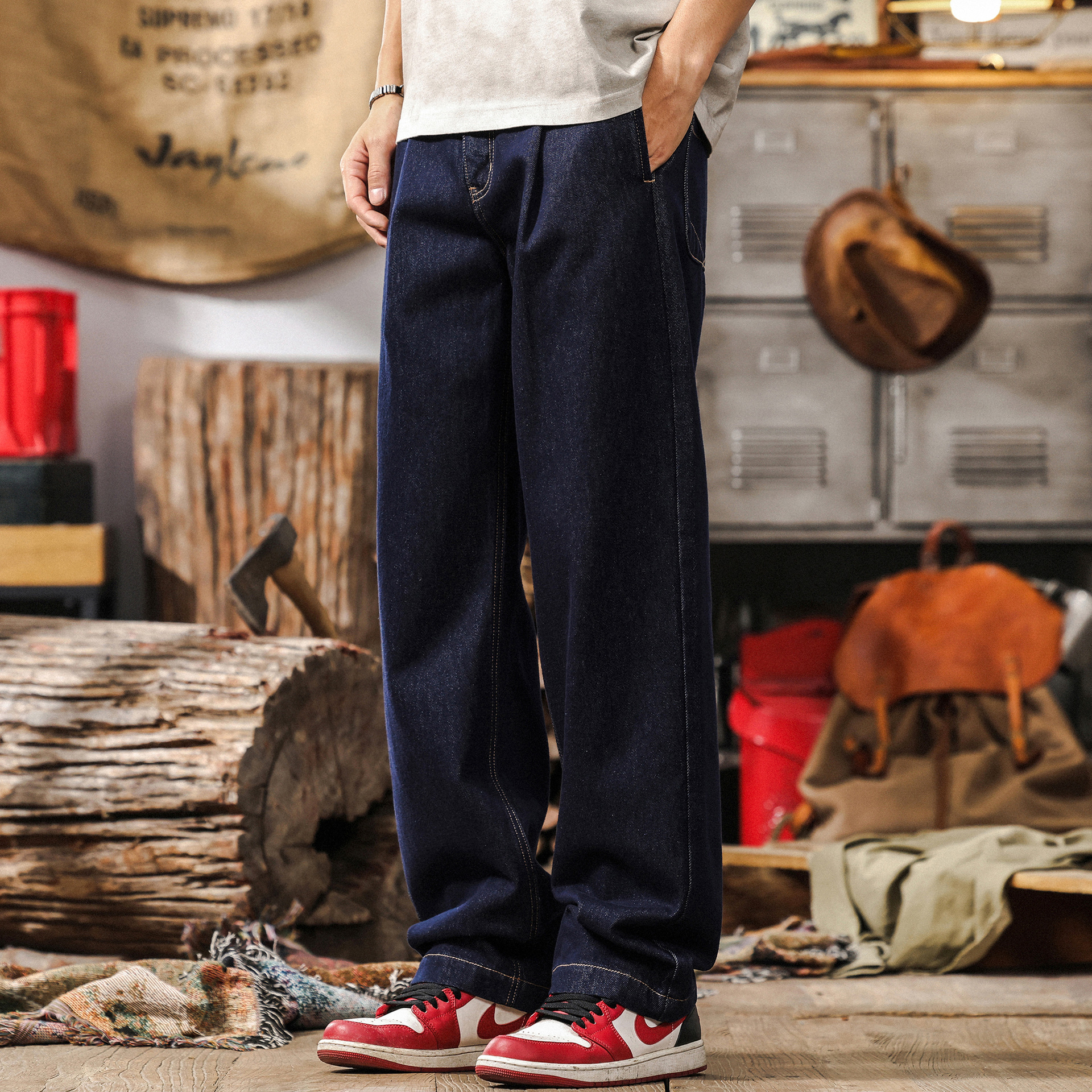 活性染不掉色原色水洗牛仔褲男春季美式復古潮牌寬鬆直筒休閒長褲