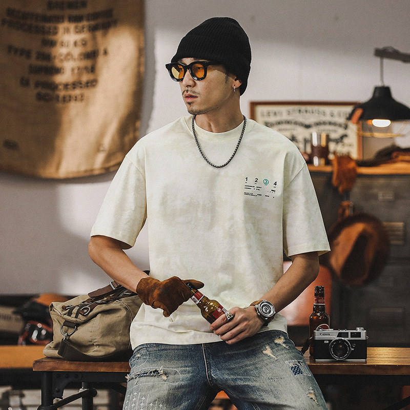 絨面發泡印花短袖男夏季美式潮牌T恤男2024新款男裝復古半袖上衣