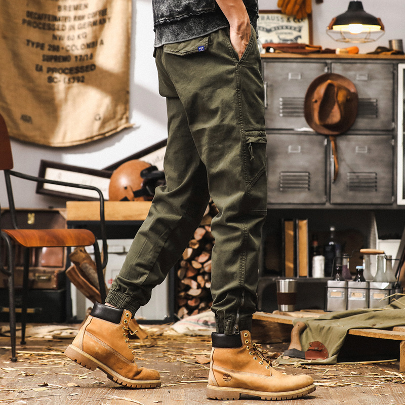 美式復古軍綠色工裝褲男秋季潮牌重磅束腳休閒褲男士寬鬆運動長褲