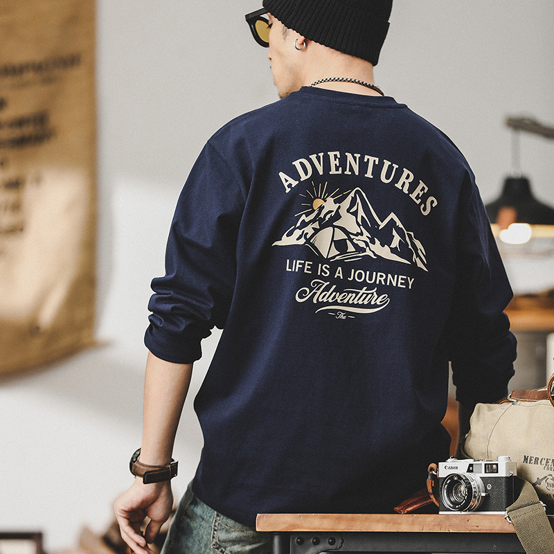 春季新款260g重磅T恤男長袖戶外山系印花2024年潮牌男士上衣