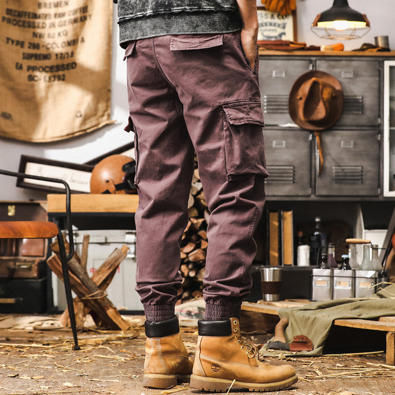 美式復古紫色工裝褲男寬鬆潮牌秋季多口袋束腳城市戶外通勤休閒褲