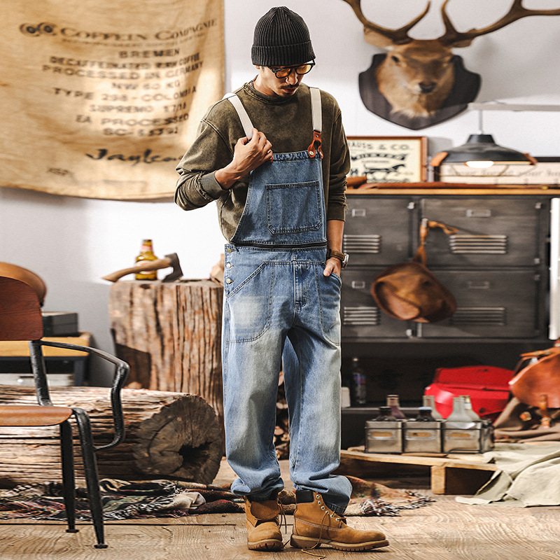 美式復古牛仔褲男可拆卸揹帶褲2025新款潮牌春季寬鬆工裝連體褲男