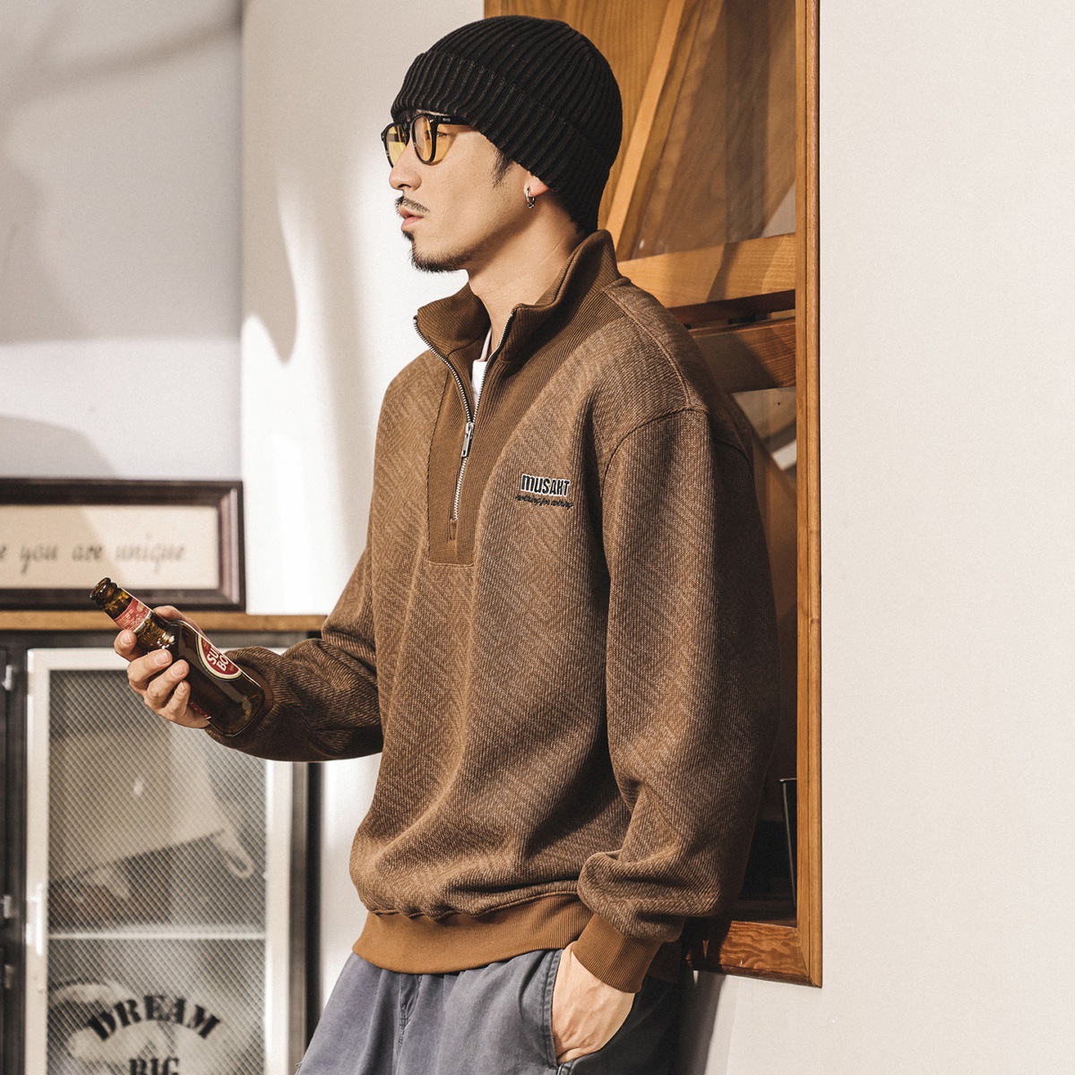 美式復古半拉鍊衛衣男春秋寬鬆400g重磅潮牌外套男秋冬新款上衣男