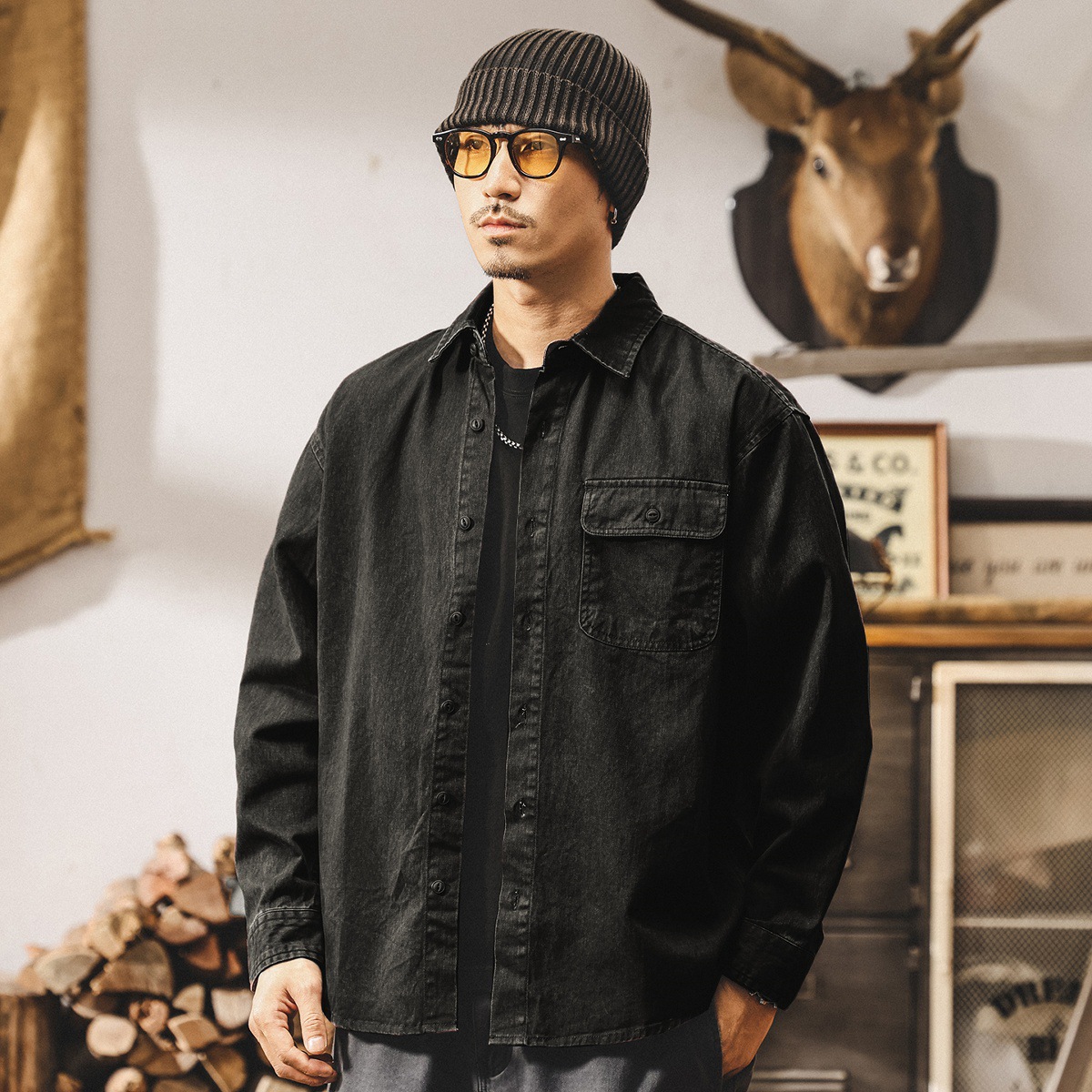 美式復古酵素水洗牛仔外套男春秋2025新款工裝襯衫男長袖寬鬆襯衣
