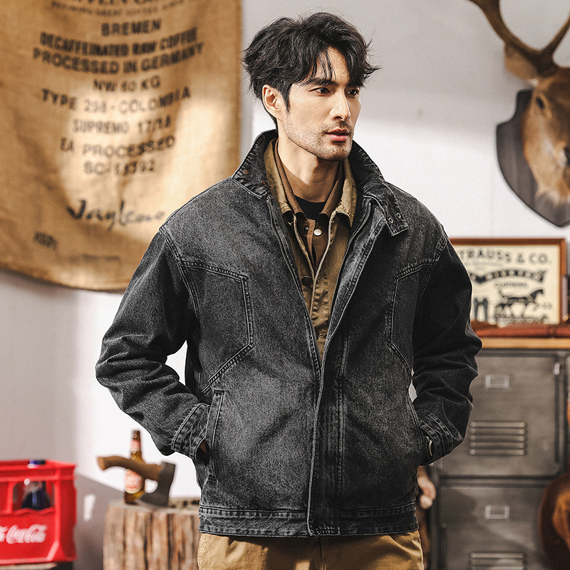 美式經典重磅黑色牛仔外套男秋冬款潮牌阿美咔嘰男款寬鬆休閒夾克