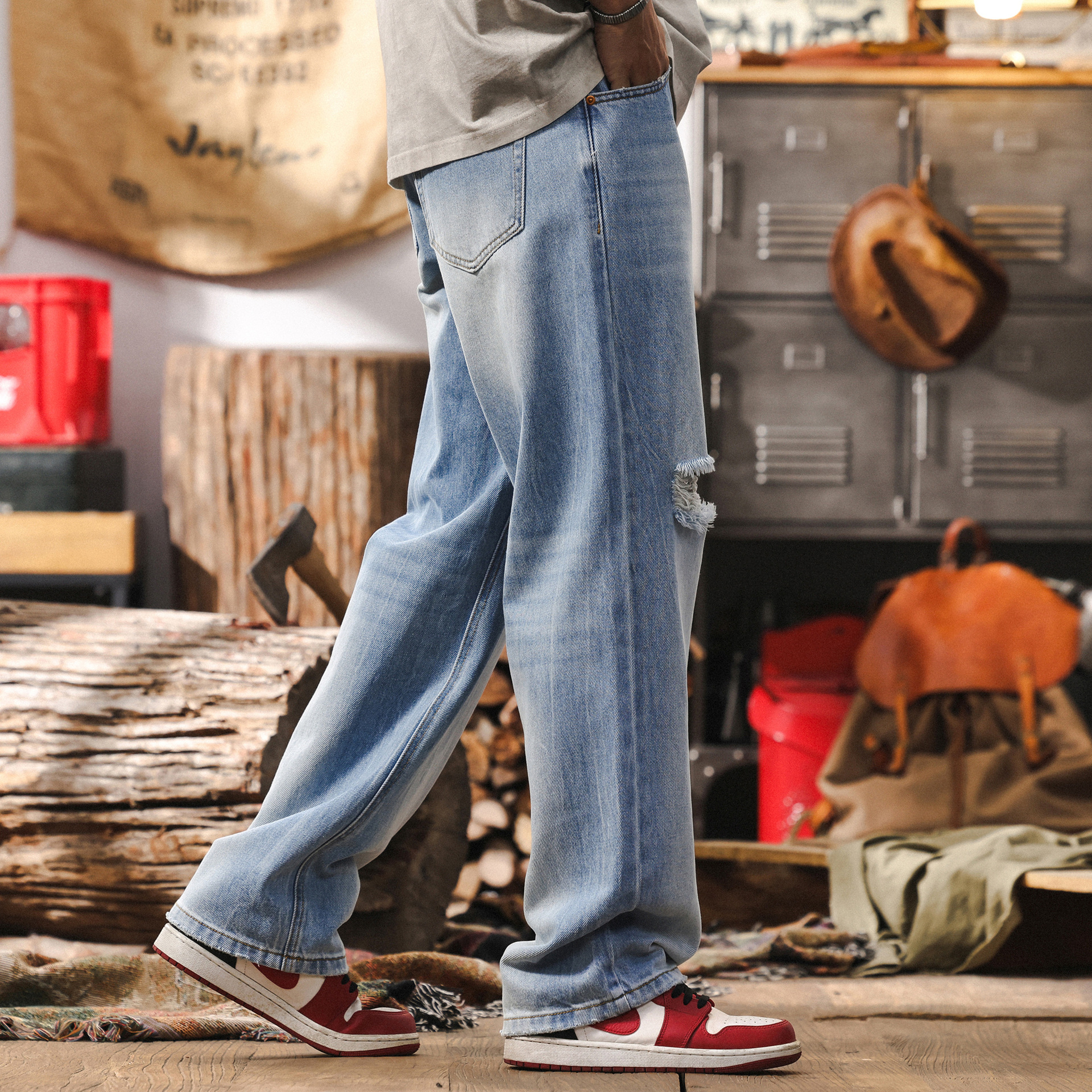 美式復古破洞牛仔褲子男夏季薄款潮流寬鬆直筒扎花水洗男士休閒褲