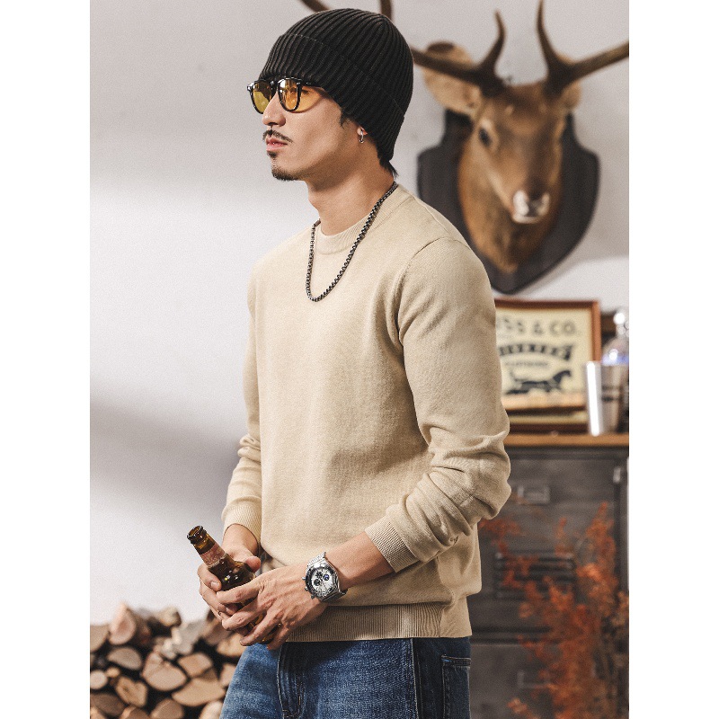 美式復古毛衣男秋冬新款潮牌保暖純色休閒內搭上衣男士針織打底衫