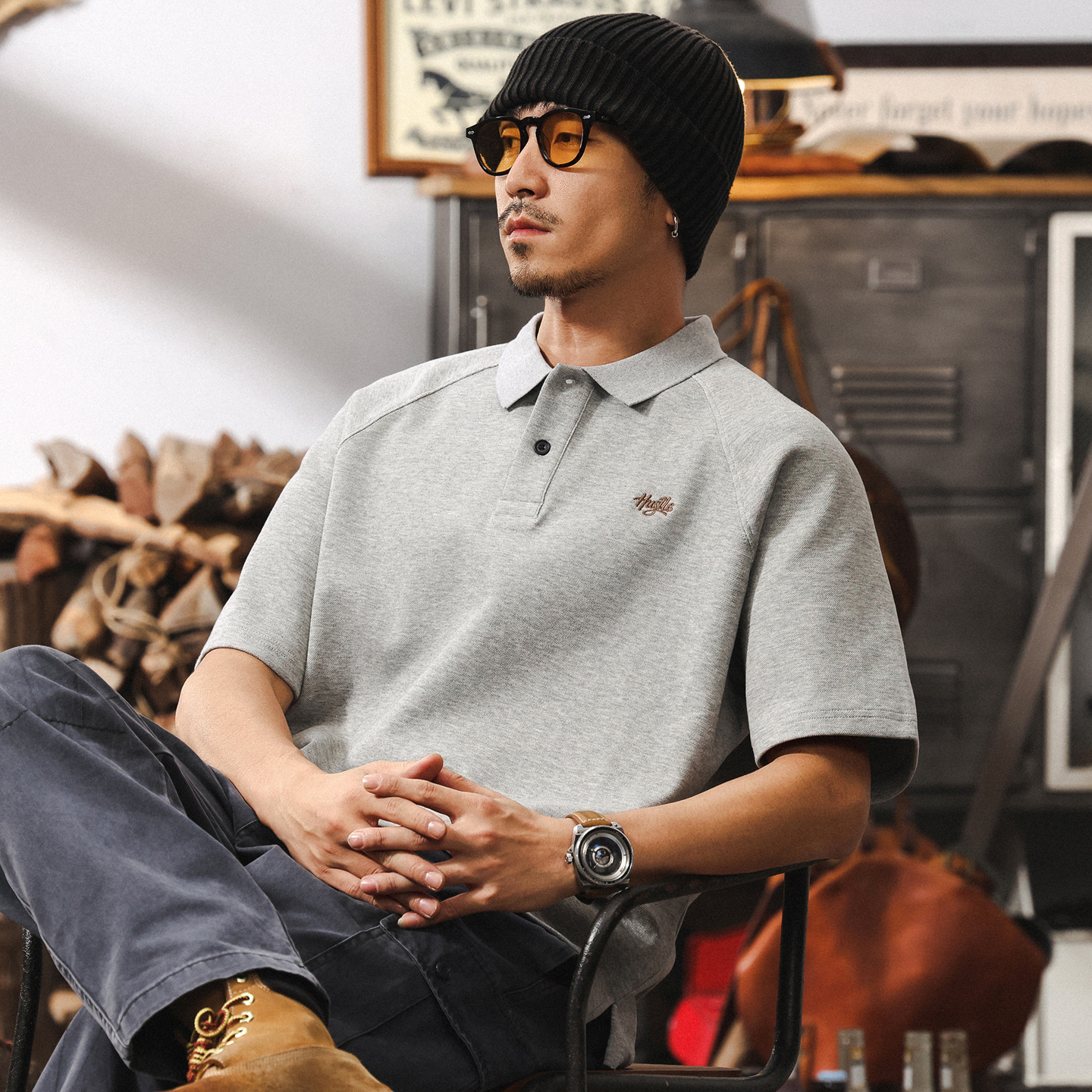 美式復古灰色短袖POLO衫男士夏季新款300g重磅t恤空氣層潮牌上衣