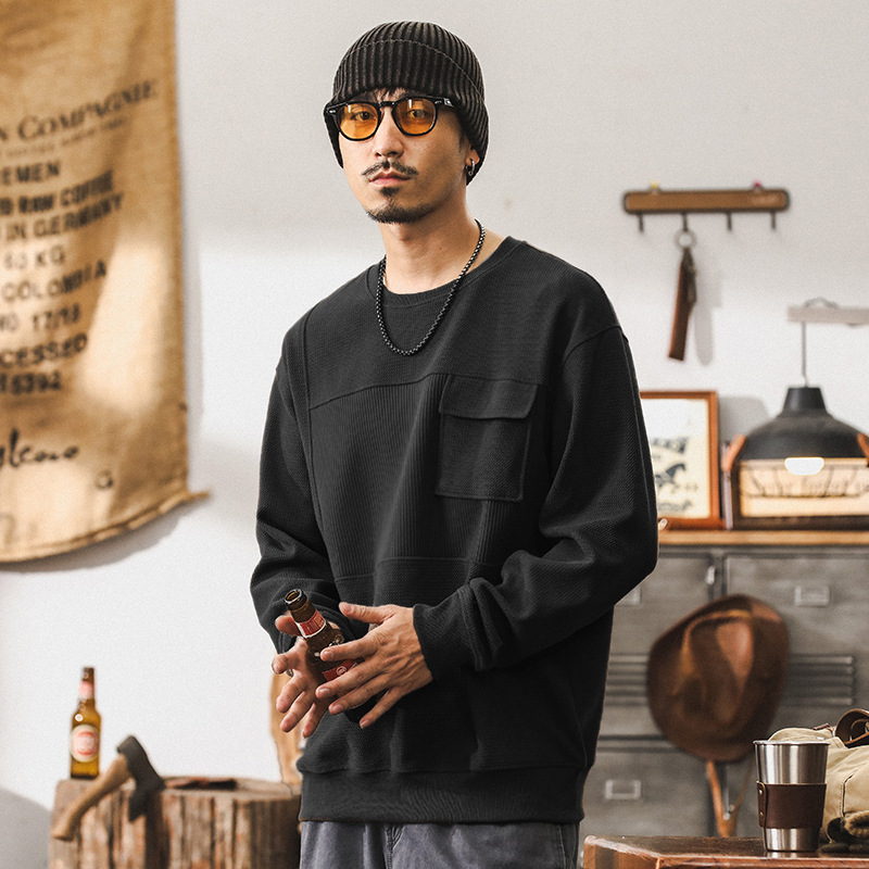 美式復古330g重磅衛衣男秋季新款提花條絨針織衫潮牌拼接男款上衣