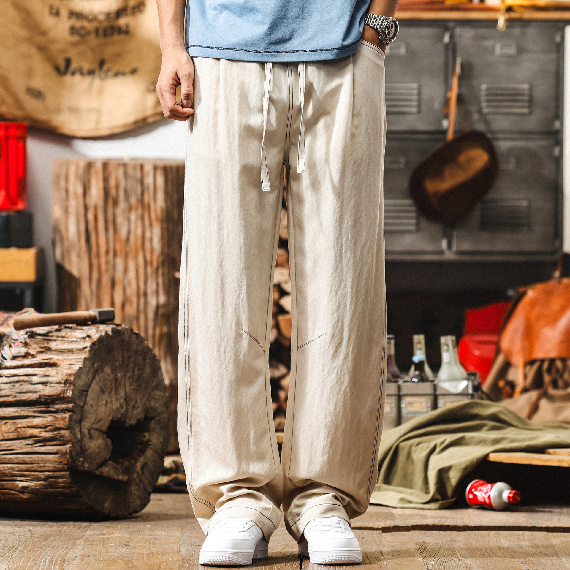 美式復古薄款褲子男夏季寬鬆垂感慵懶風闊腿褲男潮牌直筒休閒長褲