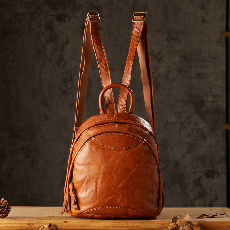 手工植鞣頭層牛皮雙肩包女士時尚百搭真皮休閒通勤迷你小背包女包