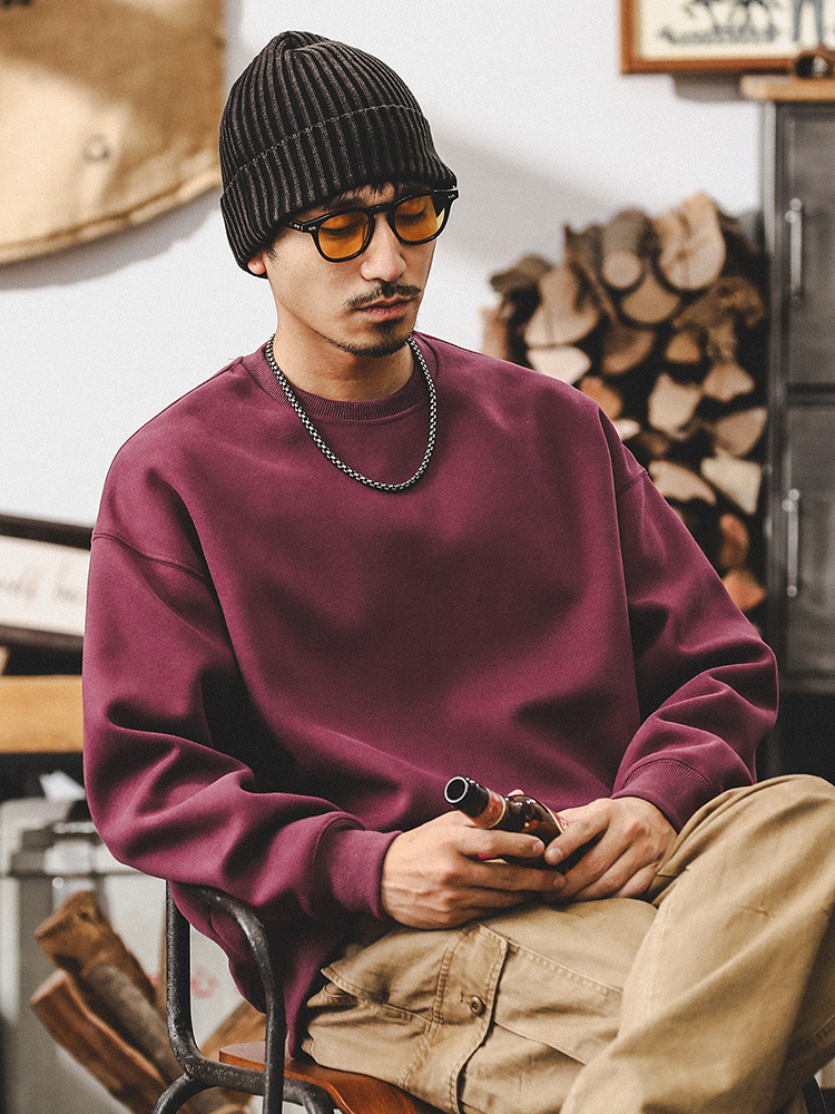 美式重磅圓領衛衣男款秋季潮牌寬鬆酒紅色上衣簡約百搭休閒衣服男