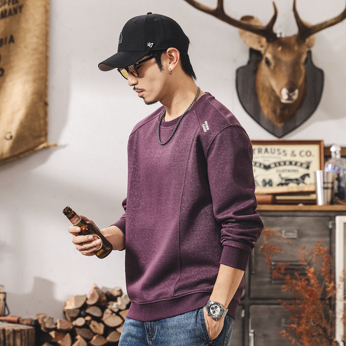 美式復古紫色衛衣男春秋2025新款拼接潮流長袖t恤男寬鬆秋季上衣